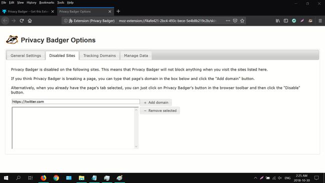 Captura de pantalla de las opciones de Privacy Badger