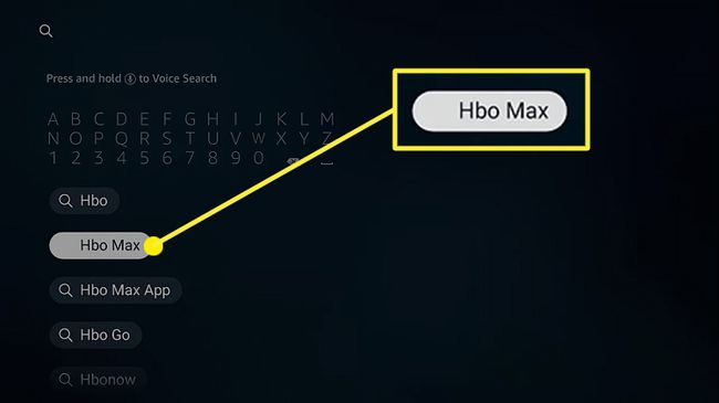 HBO Max v rezultatih iskanja na Amazon Firestick. 