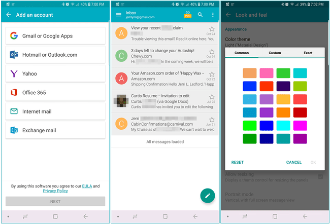 Скриншоты из почтового приложения Aqua Mail для Android.