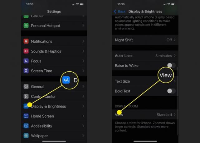 iPhoneの[表示とズーム]の[表示]オプションの場所。