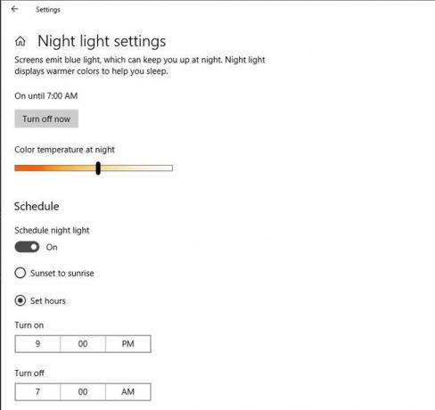 Windows 10 Gece Işığı ayarlarının ekran görüntüsü