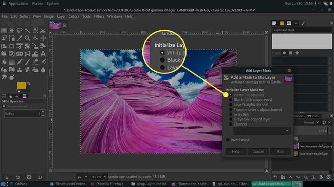 Katman Maskesi Ekle penceresindeki Beyaz seçeneğinin vurgulandığı GIMP ekran görüntüsü
