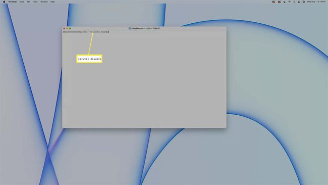 Indtastning af csrutil deaktiver i terminalen på en Mac.
