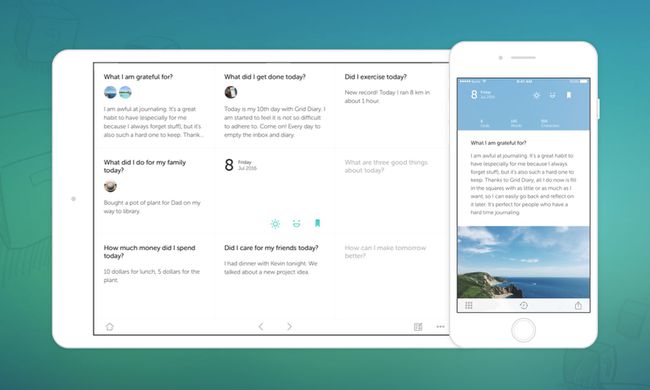 Μια εικόνα της εφαρμογής Grid Diary σε tablet και smartphone.