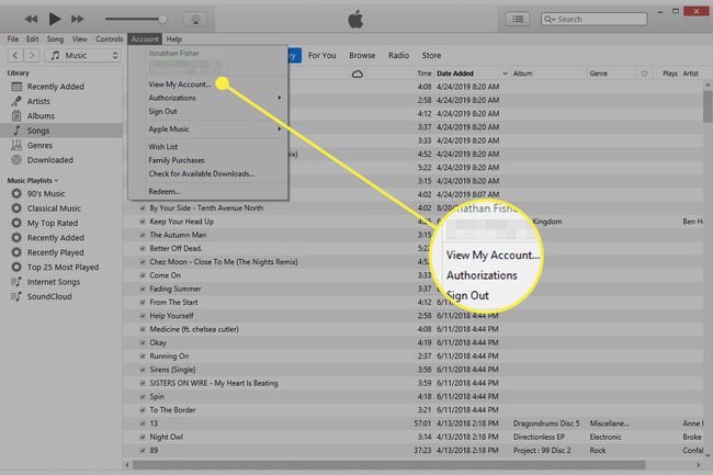 Una captura de pantalla de iTunes con la opción de menú Ver mi cuenta resaltada