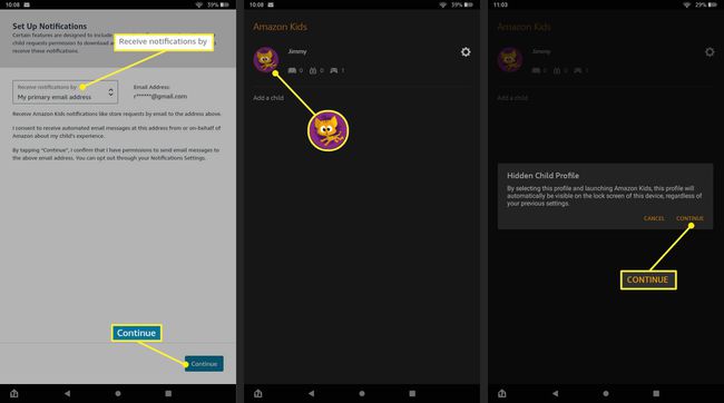 Modtag meddelelser af, børneprofilikon, og fortsæt i Amazon Kids-appen