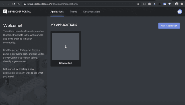 captura de pantalla de la pantalla MIS APLICACIONES en Discord Developer Portal