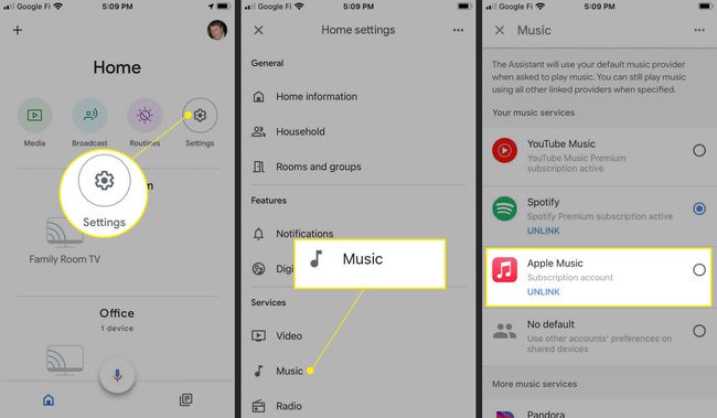 Nastavení Apple Music jako výchozí hudební služby pro Google Home na iOS se zvýrazněnými položkami Nastavení, Hudba a Apple Music