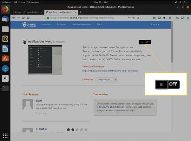 Скриншот расширения OnOff switch, устанавливающего меню приложений GNOME.