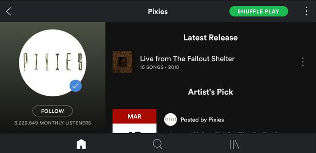 Stránka interpreta Pixies v aplikácii Spotify.