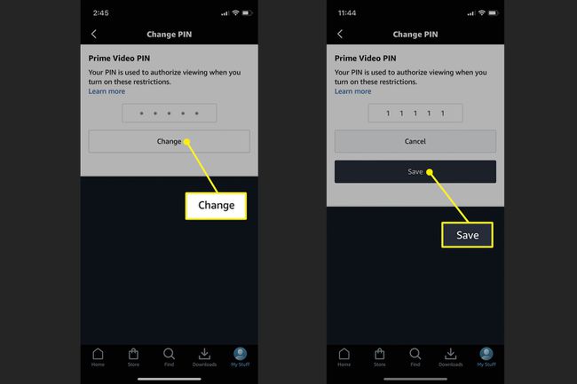 iOSアプリでPrimeVideoPINを変更して確認するには、[変更して保存]を選択します