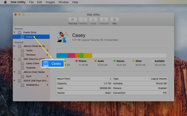 ハードドライブが選択されたディスクユーティリティOSX El Capitan