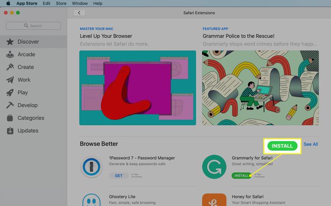 Przycisk instalacji w rozszerzeniach Safari w Mac App Store