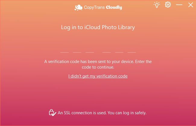 Entrada de código de verificación en CopyTrans Cloudly