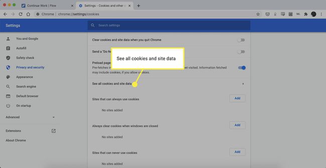 El encabezado " Ver todas las cookies y los datos del sitio" en la configuración de Chrome