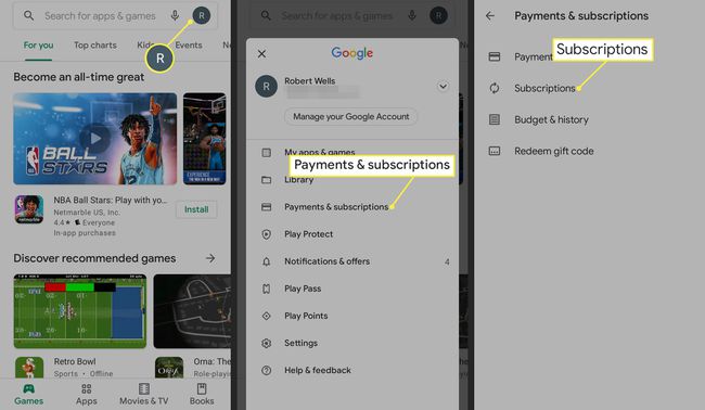 Pictograma de profil, Plăți și abonamente și Abonamente în Google Play