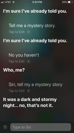 Conversación de Siri sobre pedir leer una historia de misterio