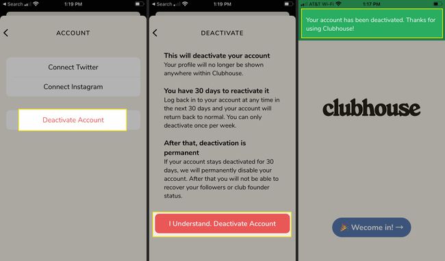 Приложение Clubhouse с деактивиране на акаунта, „Разбирам“ и откроено съобщение за деактивиране
