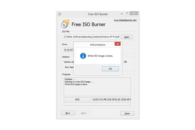 Free ISO Burner'da başarılı bir disk yazmayı gösteren ekran görüntüsü