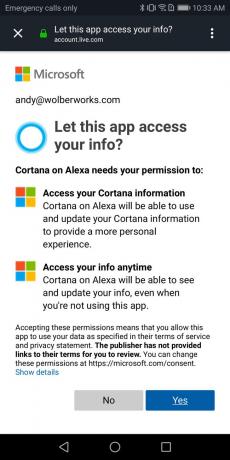 Captură de ecran a lui Cortana la cererea de aprobare a permisiunilor Alexa în aplicația Android Alexa.