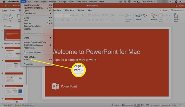 Auswählen von Drucken in PowerPoint für Mac.