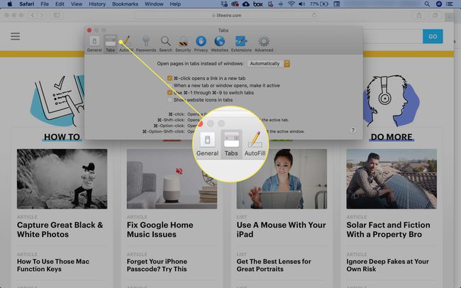 El encabezado de pestañas en las preferencias de Safari