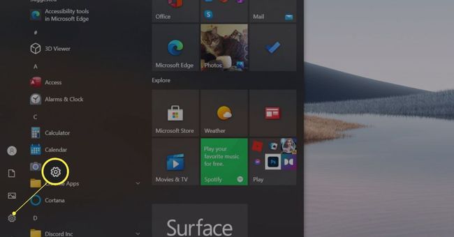 Paramètres dans le menu Démarrer de l'ordinateur portable Microsoft Surface.