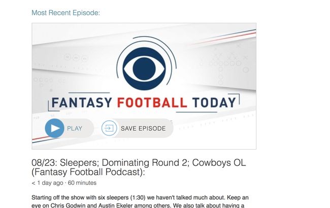 StitcherのFantasyFootballTodayのポッドキャストページのスクリーンショット。