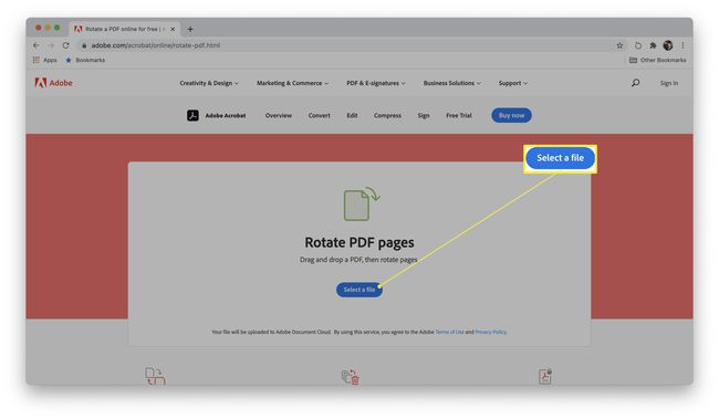 Web Adobe se zvýrazněnými možnostmi Otočit stránky PDF a Vybrat soubor