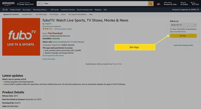 Stran aplikacije fuboTV na spletnem mestu Amazon z označenim gumbom Get App.