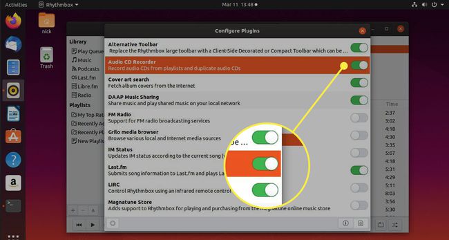Снимок экрана плагинов Rhythmbox с выделенным Audio CD Recorder