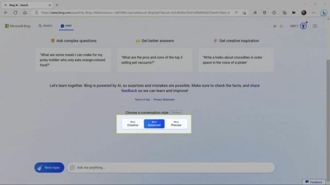 Bing AI チャットボット インターフェイスでは、よりクリエイティブ、よりバランスが取れ、より正確に強調表示されます。
