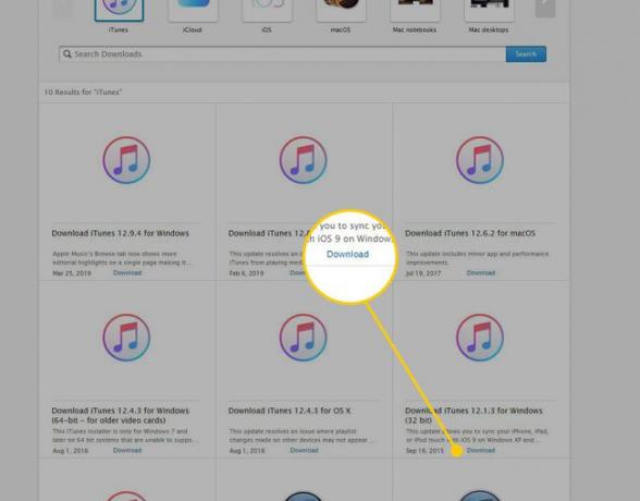 İndir düğmesinin vurgulandığı iTunes sayfaları