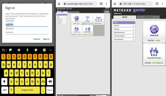 Pantalla de inicio de sesión del enrutador Netgear y configuración de administrador en Android