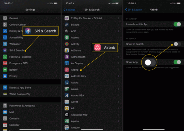 設定でのSiriと検索、Airbnbアプリ、検索で表示をオフに切り替えます
