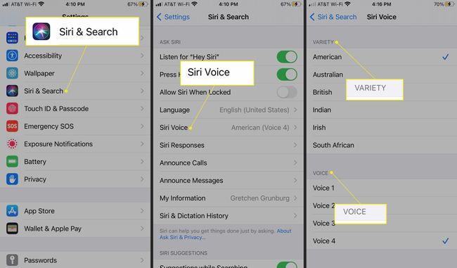 Siri＆Search、Siri Voice、Variety andVoiceオプションが強調表示されたiPhone設定