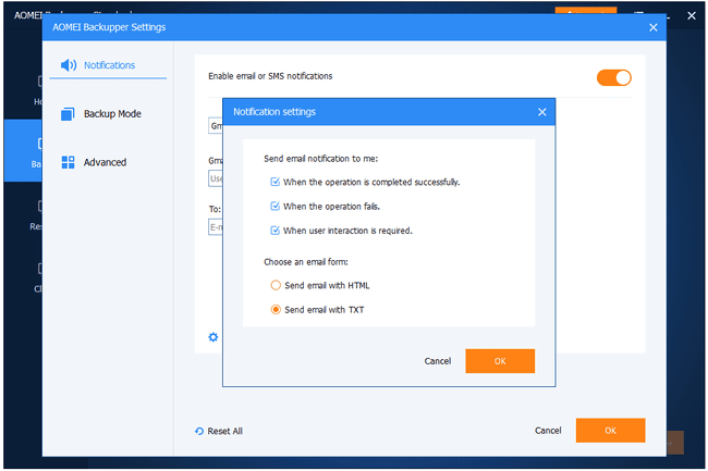 Configurações de notificação de e-mail padrão do AOMEI Backupper