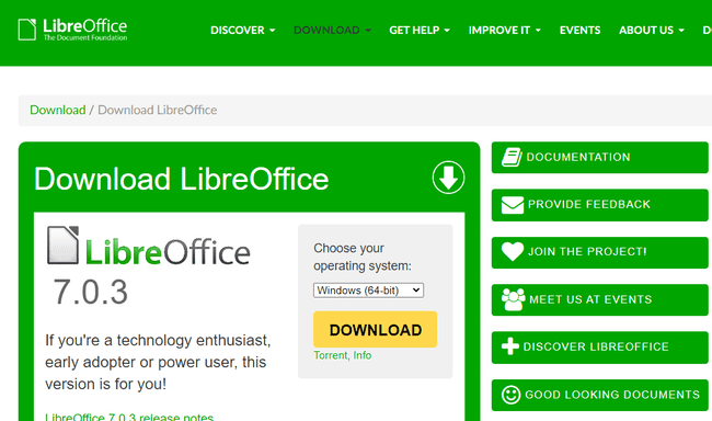 LibreOffice'i allalaadimislehe ekraanipilt