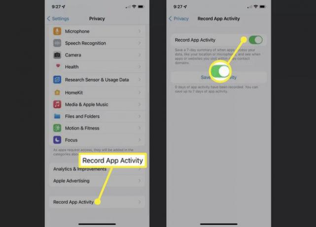 Grave a atividade do aplicativo e o botão verde nas configurações do iOS 15