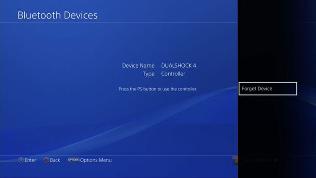 Ένα στιγμιότυπο οθόνης ενός μενού χειριστηρίου στις ρυθμίσεις του PS4 με τονισμένη την επιλογή Forget Device