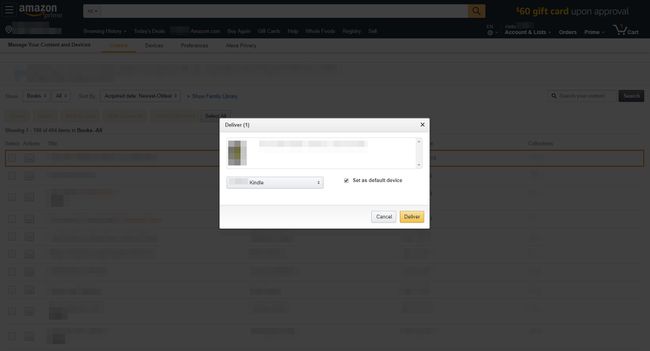 Amazon.com dengan kotak dialog Kirim ditampilkan