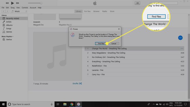 iTunes mit hervorgehobener Schaltfläche „Dateien suchen“