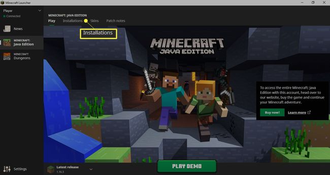 Öppna Minecraft Launcher och välj Installations.