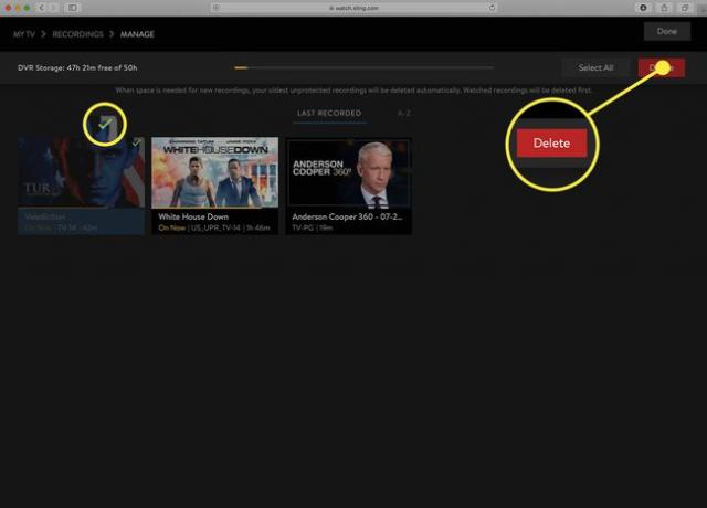 Skærmbillede af Sling TV Administrer DVR-skærmen med elementer markeret til sletning.