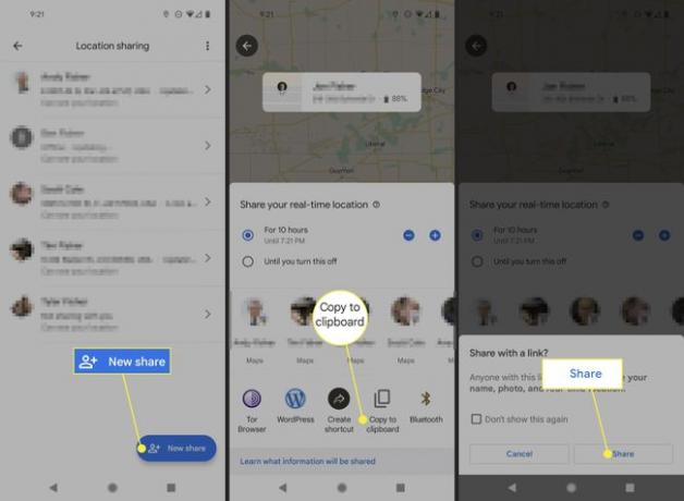 Partajare nouă, Copiere în clipboard și Partajare în Google Maps pentru Android