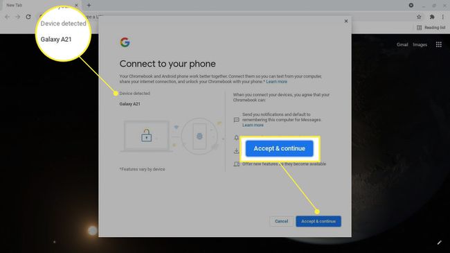 Enhed fundet og Accepter og Fortsæt fremhævet på Chromebook Connect to Your Phone-skærmen