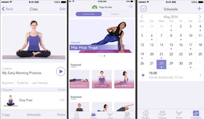 Tři snímky obrazovky aplikace Yoga Studio pro iOS.