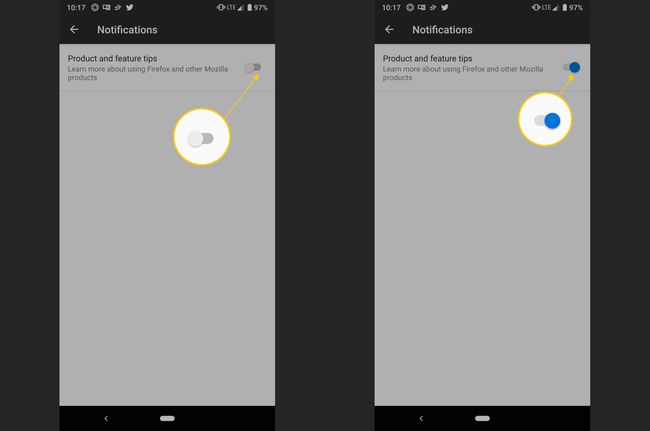 Dos pantallas de Android: notificaciones activadas y desactivadas