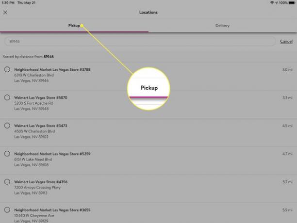 Die Registerkarte Abholung in der Walmart-App