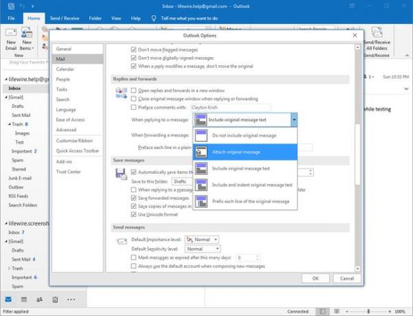 Outlook 2016 Dropdown-Menü zum Festlegen der Standardeinstellung zum Anhängen von E-Mails beim Weiterleiten